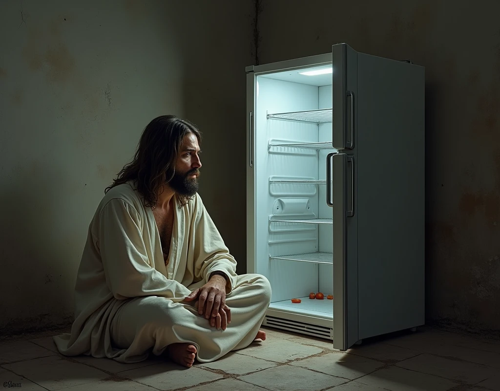 We need images of Jesus in which Jesus is sitting near a fridge but the fridge is completely empty and Jesus is very hungry.