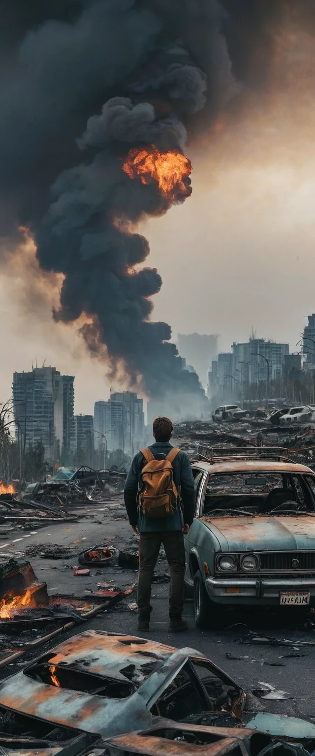 A cinematic scene of a post-apocalyptic city in ruins. A man with a backpack stands on top of a wrecked car, looking out over a highway filled with destroyed and abandoned vehicles. The sky is overcast with a thick layer of smoke, and distant skyscrapers are either damaged or engulfed in flames. Debris is scattered everywhere, and an intense explosion with large flames is occurring in the background. The overall atmosphere is one of chaos, destruction, and desolation.