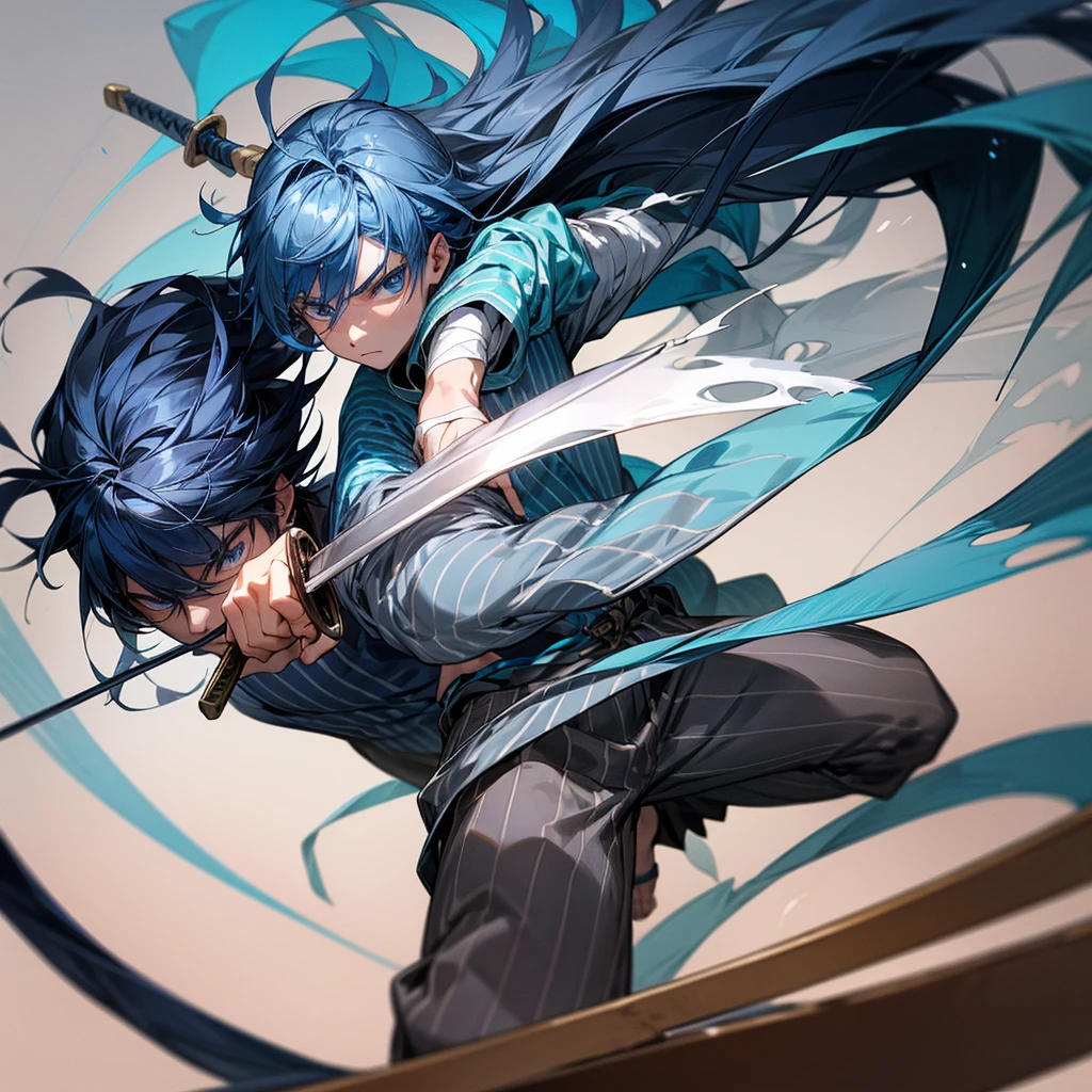 Create a swordsman who has the power of smoke and long hair with blue stripes and the boy is at the end of his hair has blue stripes and he has a blue and gray sword and his arm is bandaged he has a controller with a smoke design and brown pants and a sock and a wooden sandal like a swordsman