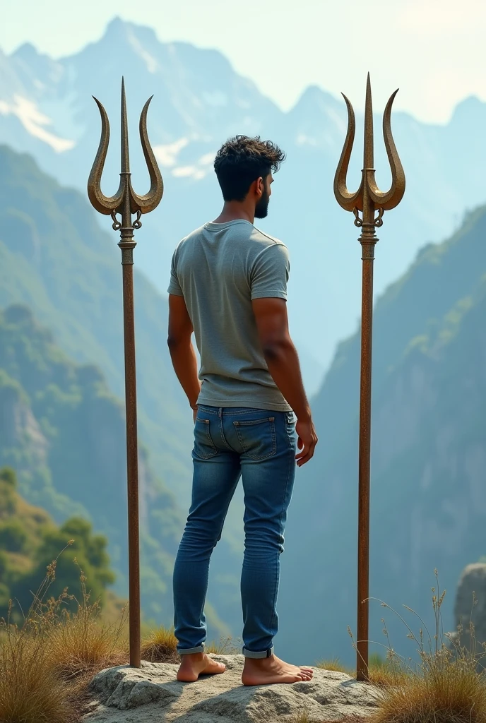 30 years Indian young man stand between the 2 trishula's at the mountain, he wears grey color collared t-shirt, blue color jeans, no shoes. His height is 5'8 feet, his backside should be displayed 