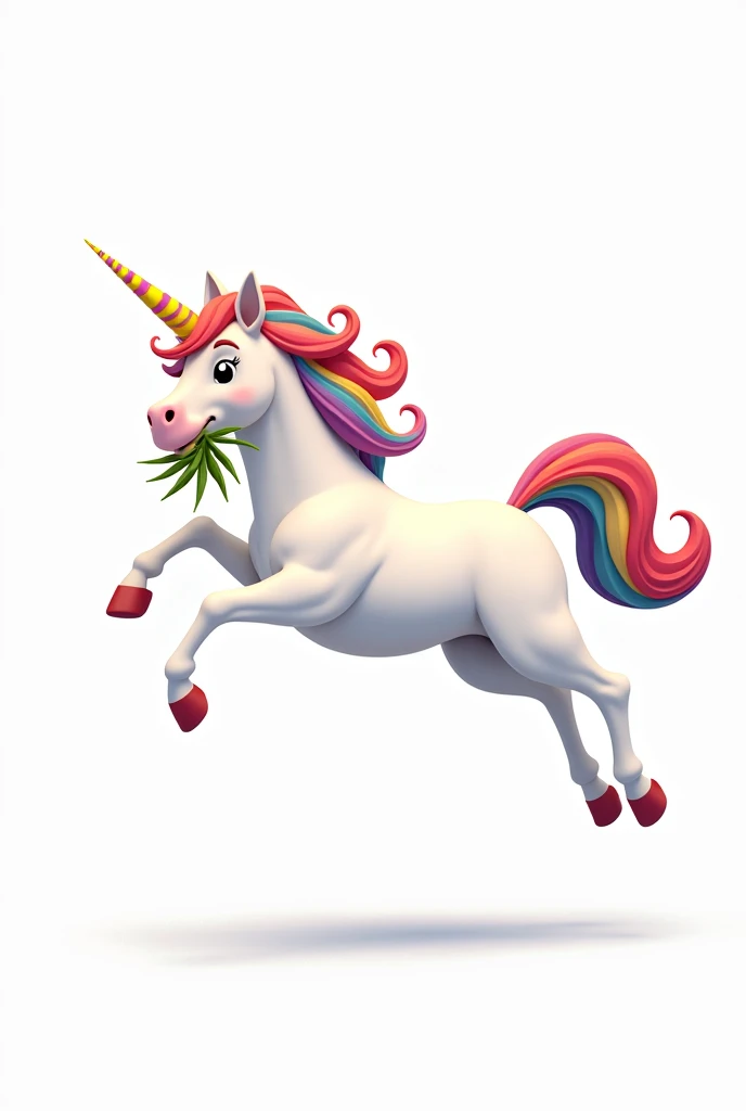 Jumping unicorn with green grass in its mouth with rainbow tail rainbow mane simple cartoon style with open eyes and white background 