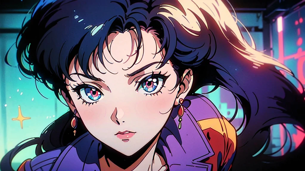 Create an anime-style image inspired by the 1990s aesthetic, featuring a young woman with long, vibrant blue hair with black and white highlights. The character should be dressed in a tiger-striped bikini, reminiscent of classic 90s anime heroines, with cat-ear headbands that match the outfit. She should have large, expressive eyes with a slight sparkle, showing a mix of curiosity and determination. The background should be a simple indoor setting with soft lighting that highlights her glossy hair and the bright colors of her outfit. The art style should emphasize bold outlines, vibrant color contrasts, and a nostalgic, playful atmosphere, capturing the dynamic and energetic feel of 90s anime.