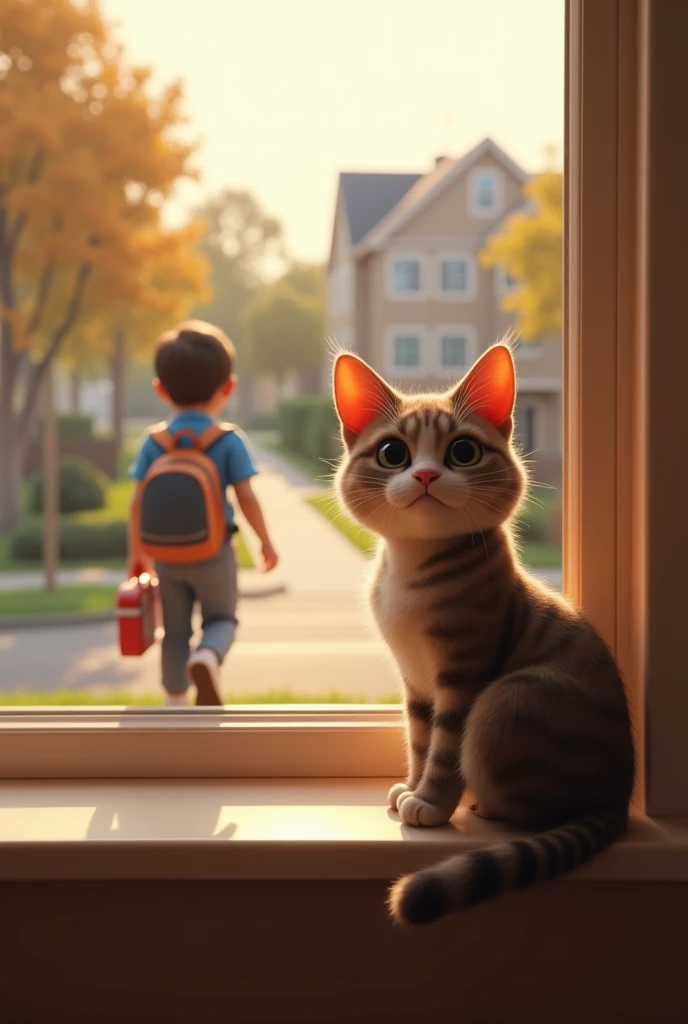 3D render of a photorealistic cat sitting on a windowsill, looking outside. The cat's ears are perked up, showing attentiveness. Through the window, we see an child walking to school, wearing a backpack and holding a lunchbox. The cat's eyes are focused on the child, with a mix of curiosity and mild concern in its expression. The interior of the room is warmly lit by morning sunlight, creating a cozy atmosphere. The window frame is partially visible, adding depth to the scene. The cat's fur is detailed and slightly ruffled, as if it just woke up. The outdoor scene shows a typical suburban street with trees and other houses in the background."