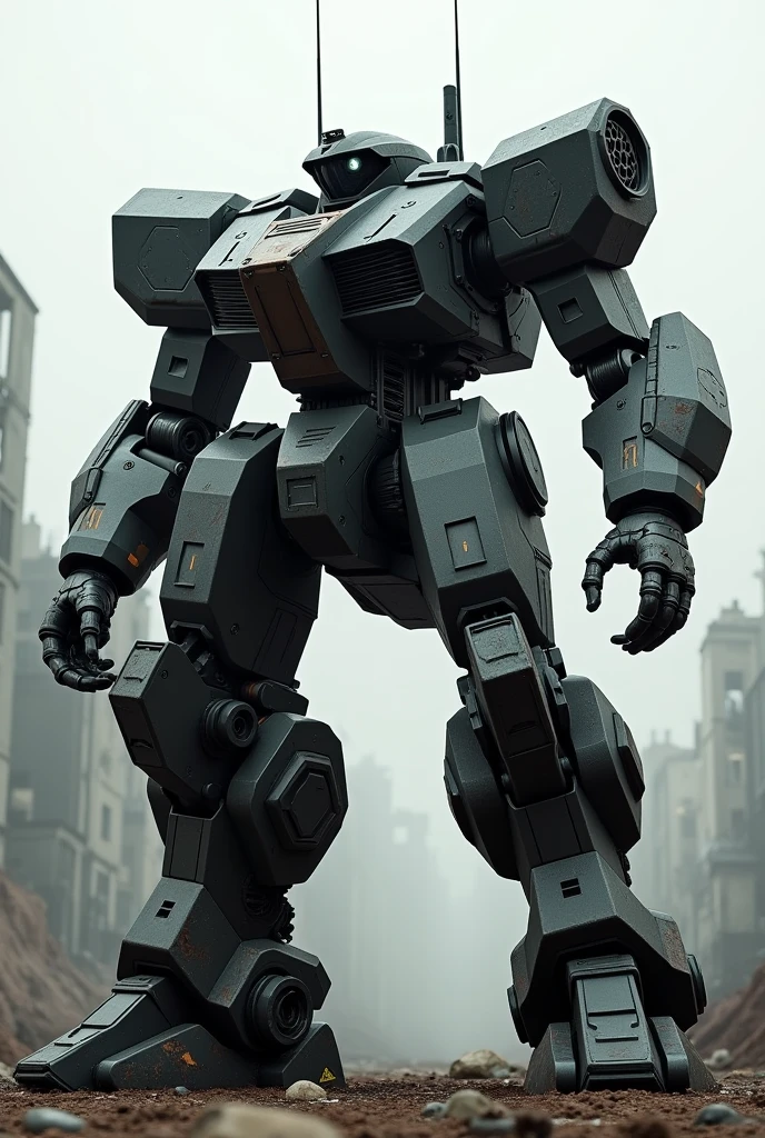 I want you to create a robust robot in the armored core and front mission style.. He has an antenna in the middle of the top of his head.. He has two rotating miniguns on each of his arms and rocket launchers on his shoulders.. I want a realistic version in black color