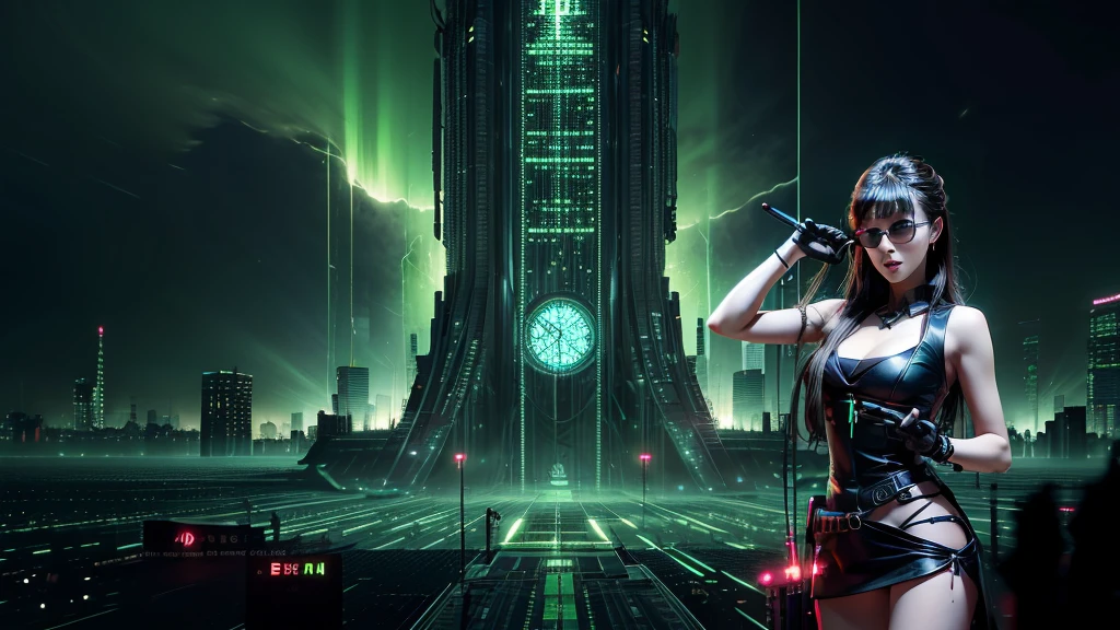 (Wide angle view). Matrix film inspired city, simple outlined neon tall buildings, glowing giant clock tower, lightning, close-up glowing matrix cascading code, 3D rendering Beeple. At night, (1girl, solo, alone), photorealistic, large-breast slim:0.6 body, oval:0.5 face, cleavage:1.1, miniskirt, deep-v, ((upskirt)), glove, (Matrix style black micro sunglasses), ((aiming viewer with a short gun)), (half-body thigh level close-up shot), cinematic lighting, ray tracing.