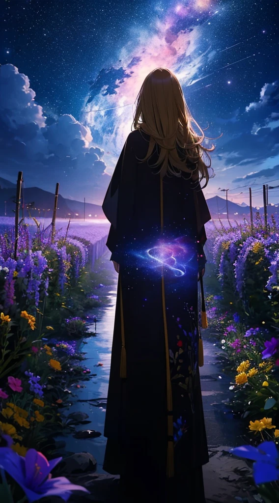 1people々々々々々々々々,Blonde long-haired woman,Long coat, Dress Silhouette, Rear View,Space Sky, Flower Field,Colorful flowers