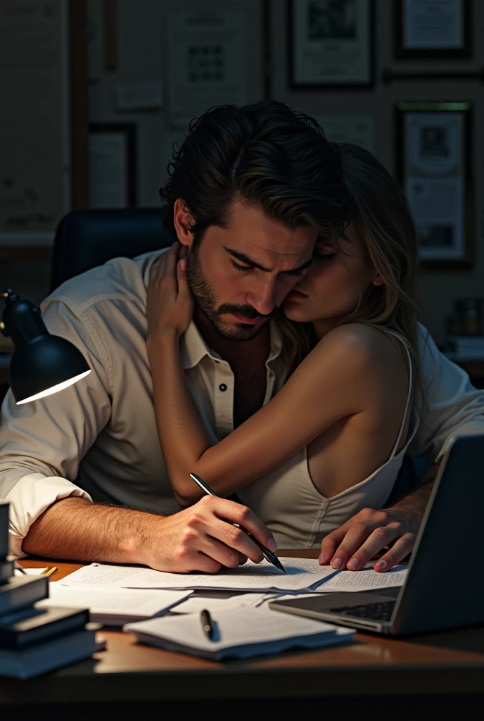 he is doing some work and is having sex