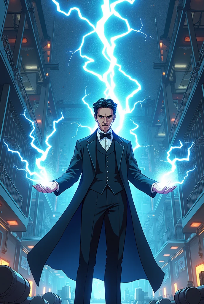 The world Tesla in the form of physics in his hands electricity and behind him physics choices in the form of anime