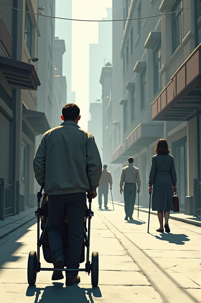 a man walks alone through the street with a stroller. Somewhere further away there is a woman as boss and another man who cleans