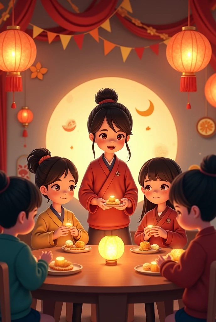 A classroom decorated for Mid-Autumn Festival, with a teacher and students gathered, enjoying mooncakes and holding lanterns.