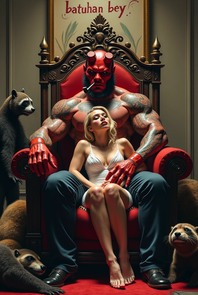 A realistic photo featuring a handsome, muscular, tall man with white-colored tattoos covering his well-built body. This man has the head of Hellboy, with striking red skin, and is seated on an imposing throne. In his lap sits a beautiful blonde Italian woman with fair skin, exuding elegance and intimacy. Surrounding the throne, there are fallen and defeated characters, including a mighty King Kong, a fierce warrior panda, a battle-hardened raccoon, and a brave otter, all lying on the ground in defeat. The throne itself is a symbol of power, with a gold-plated AK-47 resting beside it, emphasizing the character's dominance. The man holds a pipe in his mouth, with smoke gracefully rising upwards, adding to the atmosphere of authority. On the back wall, a painting stands out, with the words "BATUHAN BEY" written in blood, signifying a powerful and dramatic narrative