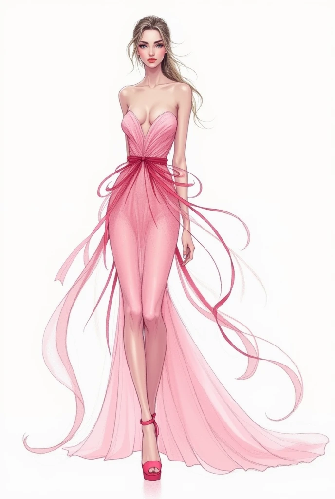 Fashion illustration design sketch of a woman who's wore formal pink ribbon dress from head to toe front and back details and wore heels
