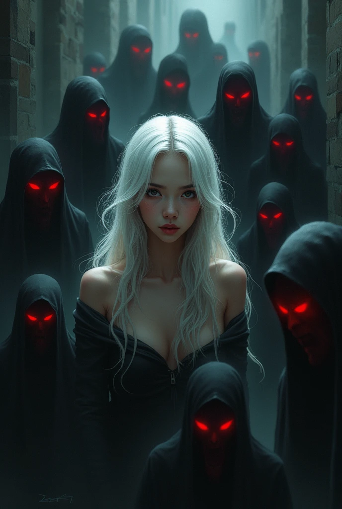 Create a cover for a book, that shows a dark room, and a young woman with Asian features, beautiful and mesmerizing look, White hair, In the environment surrounding the girl there are many black shadows with glowing red eyes trying to catch the girl