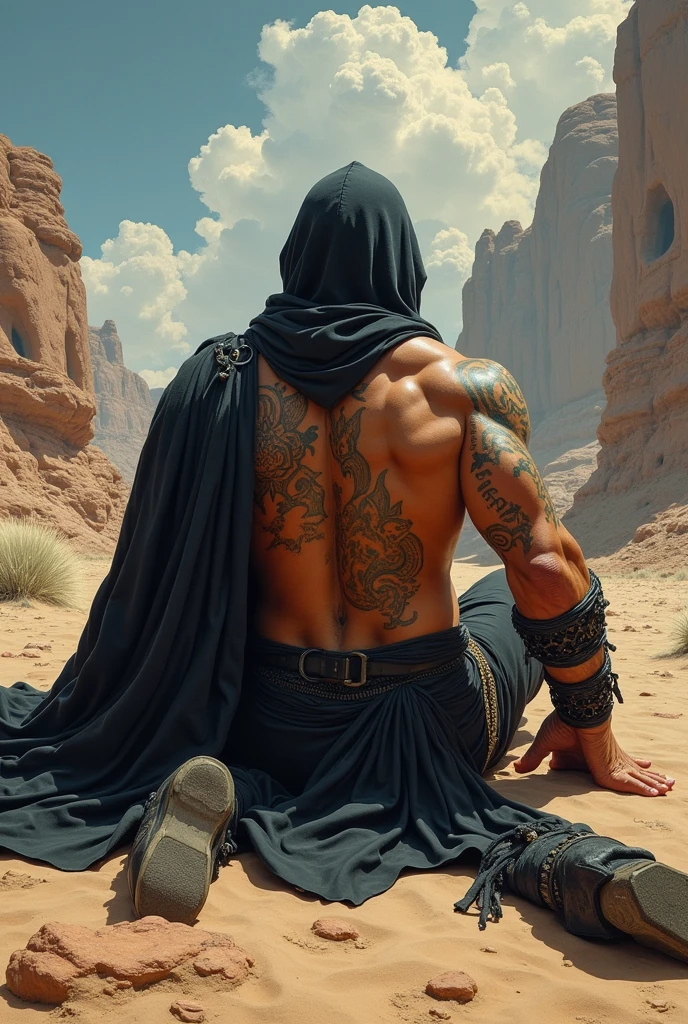 Full-body image (from behind) of a muscular, tattooed American Indian man, with a black hood and a large black cape covering his back. He has no shirt and wears a loincloth, loose black pants, high black boots and large metal bracelets on both wrists. He's on his back, set in the Arizona desert, looking up at the sky. Frazetta art style.