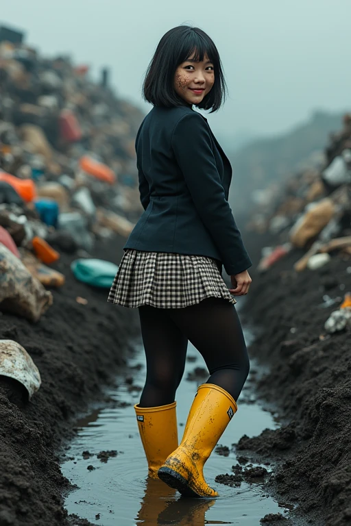 ((Highest quality)), ((masterpiece)), The dark, dirty, garbage-filled, pitch black quagmire of a waste dump、Cute Japanese woman with short hair、Brown Hair、Thick body type、Beautiful breasts、Thicker legs、Getting stuck in the mud in yellow Hunter rain boots、Blazer uniform、Checked flared skirt、Black Pantyhose、Mud stains on face、Mud stains on clothes、Leaning forward、Look back and smile