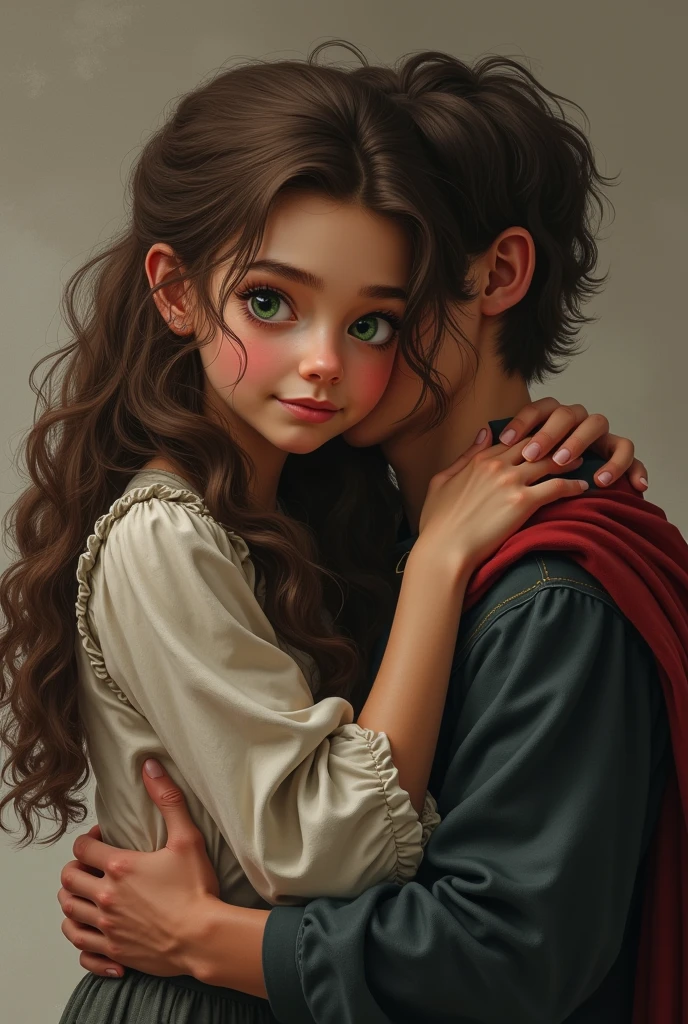 a age girl with brown wavy hair and eyebrows, large dark green eyes, a straight nose, a rather round face, thin lips, and a large chin hugging her brother Thor: realistic