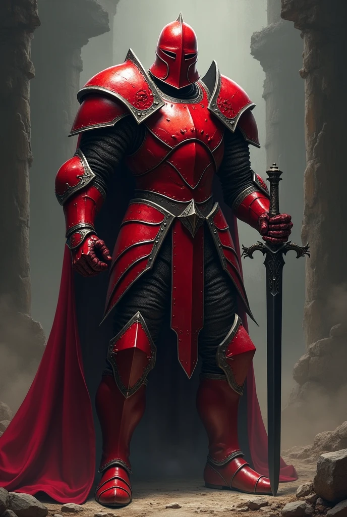 Knight in red armor holding a black sword in his hands. Inside the helmet have red eyes