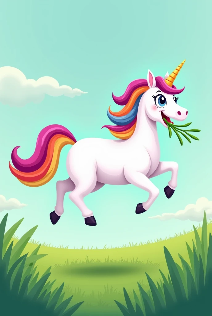 Jumping unicorn with green grass in its mouth with rainbow tail rainbow mane simple cartoon style with open eyes 