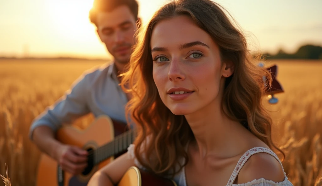((best quality)), ((masterpiece)), (detail), perfect face, full body shot of an couple playing guitar playing guitar in a barley field, shot by sony a7iv with lens 18 mm f1.8, woman with V-line face and blue eyes, magical light, sparkling light, 8k, ultra high resolution, sharp face