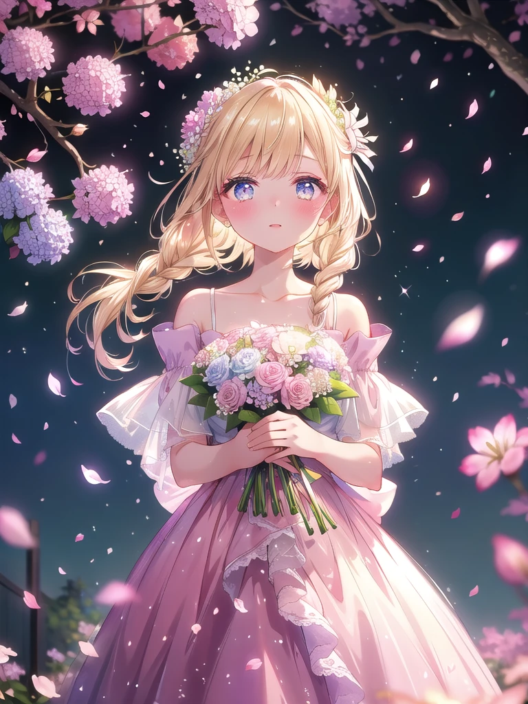 ((8k, Highest quality, masterpiece: 1.3)),Ultra-high resolution,(1 girl, alone), (Color changing eyes, Ultra-detailed, Expressive brilliance, Glitter, Glowing Eyes), Highly detailed eyes, Highly detailed face, Random Hair, ((pastel colour))Imagine a woman standing in a garden under a canopy of blooming cherry blossoms, the petals gently falling around her. She holds an abundant bouquet of pastel flowers including hydrangeas, lilies, and garden roses, wrapped in soft pink tulle and satin ribbons. Her straight, shoulder-length blonde hair is elegantly styled with delicate braids. She wears a flowy, off-shoulder white dress with delicate embroidery, reflecting the soft hues of spring. She’s reaching out with both hands to offer the bouquet, her expression soft and warm, eyes slightly misty with emotion. The scene is bathed in a gentle, pinkish light with cherry blossom petals drifting in the breeze, and a subtle bokeh effect to enhance the ethereal, celebratory mood.