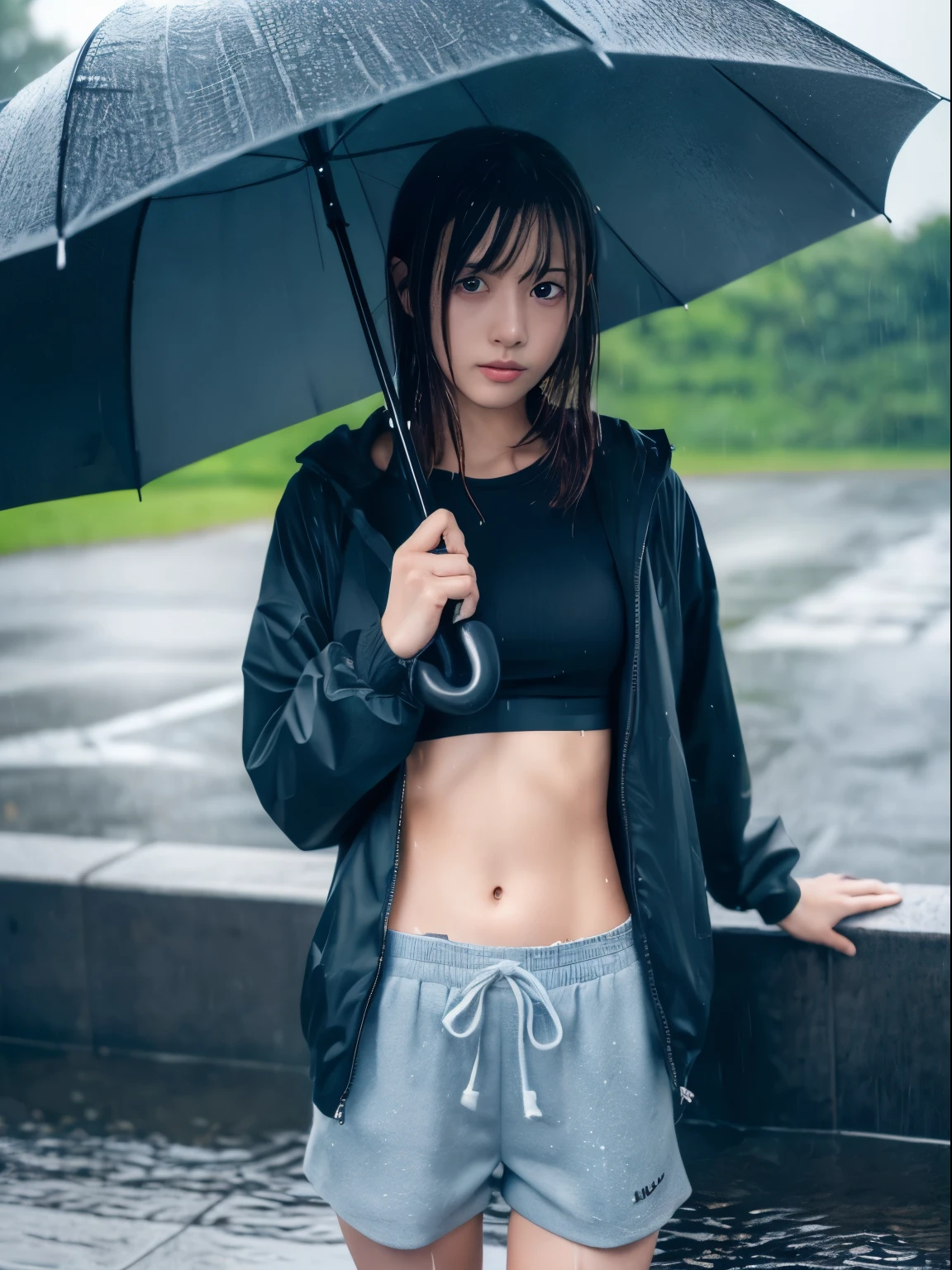 (8k, Top quality, Masterpiece:1.2), (Realistic, photo-realistic:1.37), Super detailed, perfect anatomy, cute, small eyes, 1, a Japanese, girl, without umbrella, heavy rain, wet hair, wet clothes, sweat body, shorts, soaking wet, storm, slim legs,
