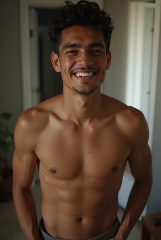 Indonesian man, 20 years old, handsome and macho, masturbating in the room, sperm comes out of his cock, the man smiles