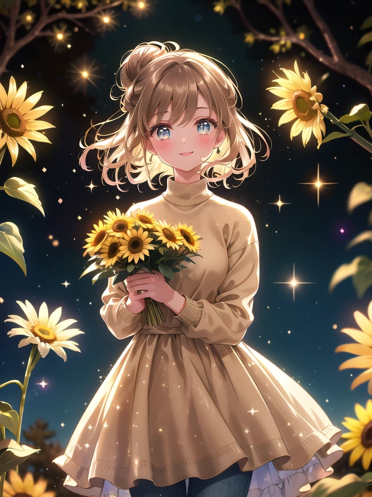 ((8k, Highest quality, masterpiece: 1.3)),Ultra-high resolution,(1 girl, alone), (Color changing eyes, Ultra-detailed, Expressive brilliance, Glitter, Glowing Eyes), Highly detailed eyes, Highly detailed face, Random Hair, ((pastel colour))Depict a woman in a charming vintage café, filled with soft ambient lighting and rustic wooden tables. She is holding a lush bouquet of sunflowers, daisies, and eucalyptus branches, wrapped in brown kraft paper tied with twine. Her dark, curly hair is styled in a loose bun with a few strands framing her face. She wears a chic, casual outfit: a cream-colored sweater and high-waisted jeans. Her posture is slightly leaning forward, offering the bouquet with both hands, her face glowing with a joyful smile that radiates warmth and sincerity. The background is softly blurred with glowing fairy lights and light particles floating in the air, creating a cozy, magical atmosphere that captures the intimate moment.