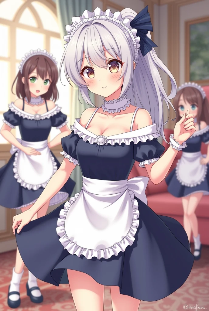 Off-the-shoulder maid outfit、Cute Girls、Big white collar、Silver hair ponytail