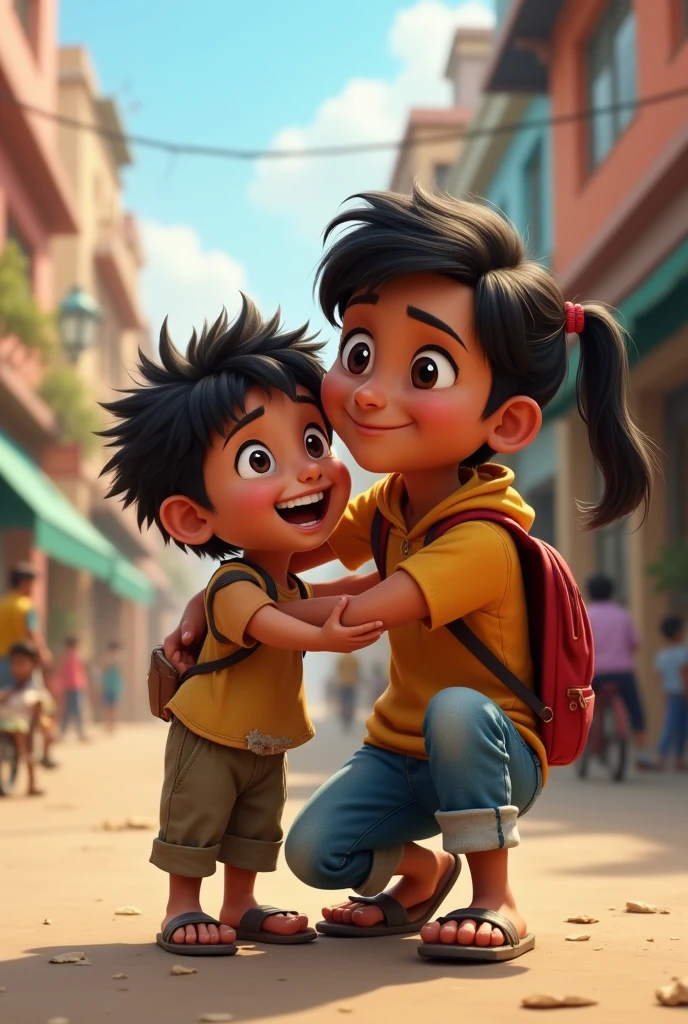 A Indian poor beggar hugging a college boy both having smile on their faces it should animate