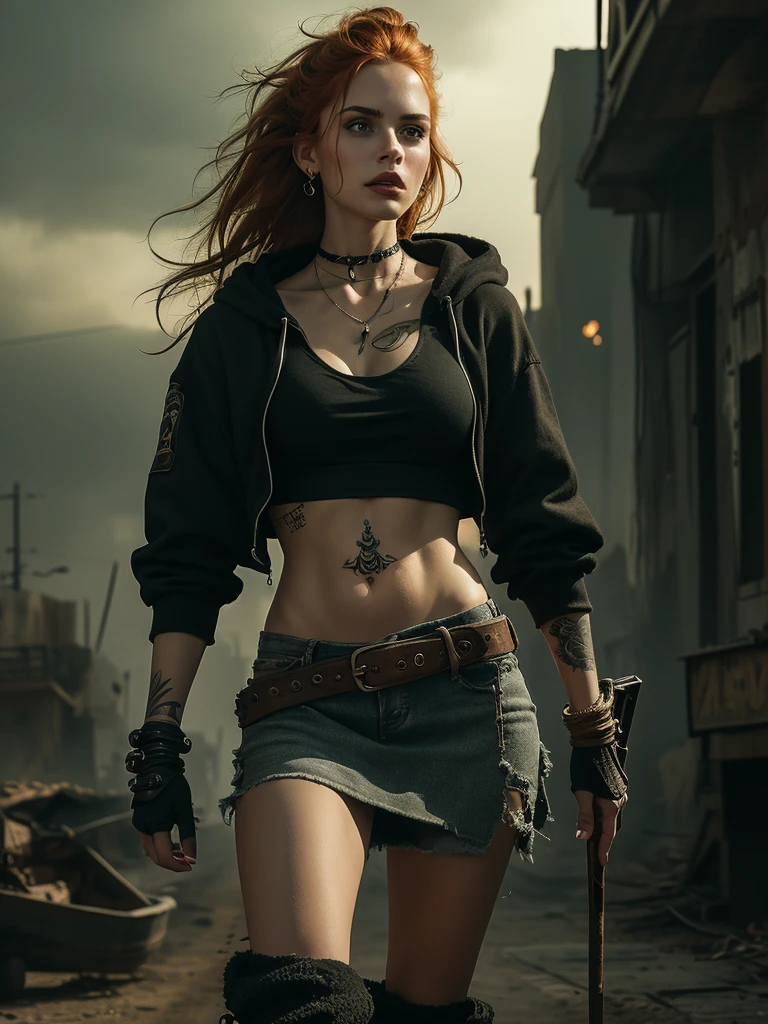 very detailed, 16K high resolution, incredibly detailed image, cinematic, best quality, masterpiece, realistic, detailed face, detailed background, dramatic lighting, A girl, 2, she is alone, beautiful, natural ginger hair, straggly and messy wavy hair. Extremely detailed facial expressions with sharp and piercing green eyes. A delicate, slightly cheeky face, subtly made up. ((She is tattooed and pierced, large tubes in her ears.)), She has (very small breasts) and a slim figure, in good shape. Dark lighting conditions, the world is destroyed after a war (end-time mood like in Mad Max). She is in an old destroyed city. Flames and clouds of smoke in the background. She wears worn-out clothes consisting of a torn black, cropped hoodie top, a broken miniskirt and dusty ankle-high boots. The outfit is similar to Jinx in Arcane. She has a belt around her waist. There is a crossbow on her back.