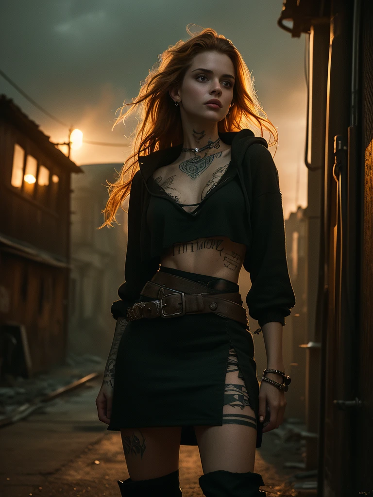 very detailed, 16K high resolution, incredibly detailed image, cinematic, best quality, masterpiece, realistic, detailed face, detailed background, dramatic lighting, A girl, 2, she is alone, beautiful, natural ginger hair, straggly and messy wavy hair. Extremely detailed facial expressions with sharp and piercing green eyes. A delicate, slightly cheeky face, subtly made up. ((She is tattooed and pierced, large tubes in her ears.)), She has (very small breasts) and a slim figure, in good shape. Dark lighting conditions, the world is destroyed after a war (end-time mood like in Mad Max). She is in an old destroyed city. Flames and clouds of smoke in the background. She wears worn-out clothes consisting of a torn black, cropped hoodie top, a broken miniskirt and dusty ankle-high boots. The outfit is similar to Jinx in Arcane. She has a belt around her waist. There is a crossbow on her back.