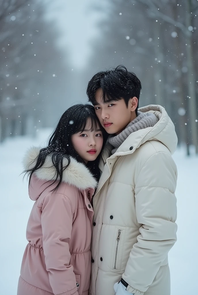 A photo of BTS&#39;s RM with a white girl with black hair in the snow