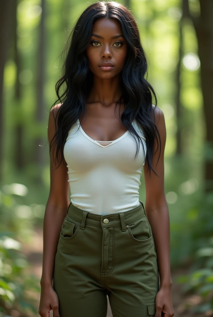Beautiful African American girl, American heritage , full body view , with big breasts ,green eyes and black hair, standing in the forest , wearing hiking outfits , pants and white tight shirt , and pants , shirt , change outfit colors , photo from front , showing her body , ultra High resolution, (fotorrealista: 1.4), High resolution , (finely detailed skin), green eyes), (perfect proportions) (Realistic photos) (masterpiece) (fotorrealista), ultrarealistic (Best Quality) (detailed) photographed with a Canon EOS R5, 50mm lens, f/2.8, (8k) (Wallpaper) (cinematic lighting) (dramatic lighting) (complex) fashion