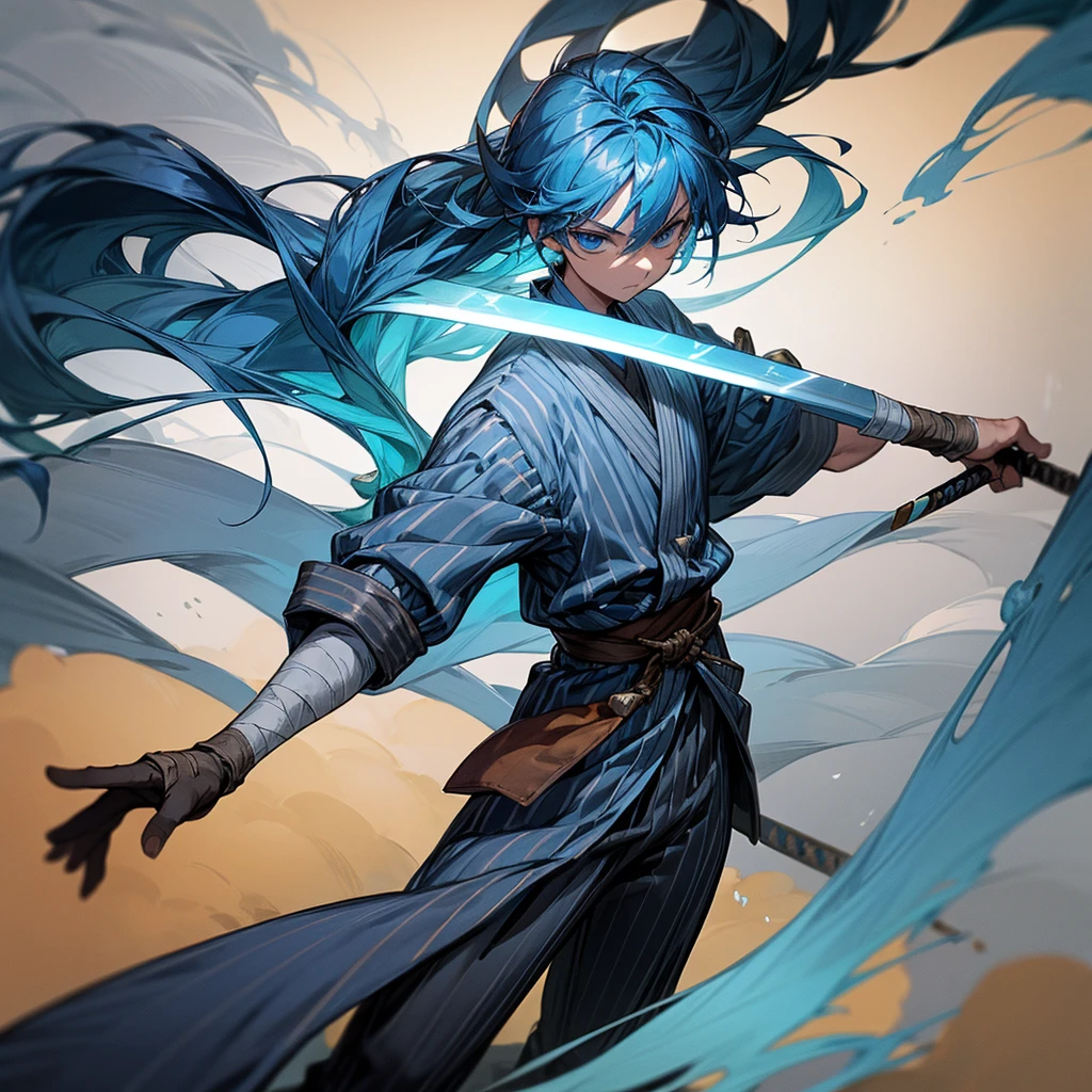 Create a swordsman who has the power of smoke and long hair with blue stripes and the boy is at the end of his hair has blue stripes and he has a blue and gray sword and his arm is bandaged he has a controller with a smoke design and brown pants and a sock and a wooden sandal like a swordsman