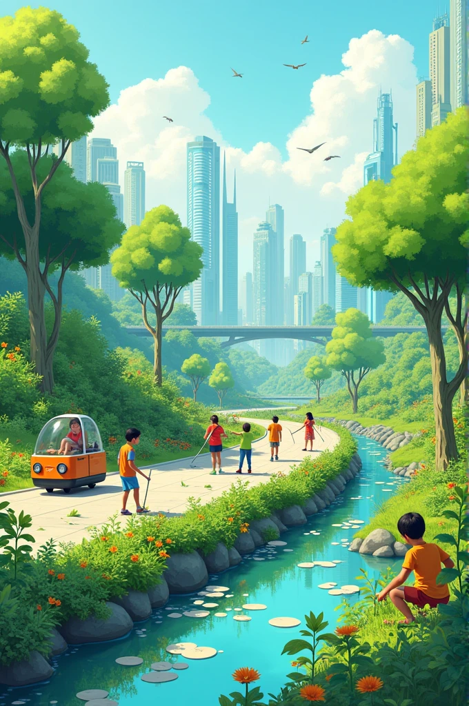 Make a landscape art on the topic " future we want clean and green" make it like one child have make. Add people planting plants house's. One flying futurestic car cleaning the road and River