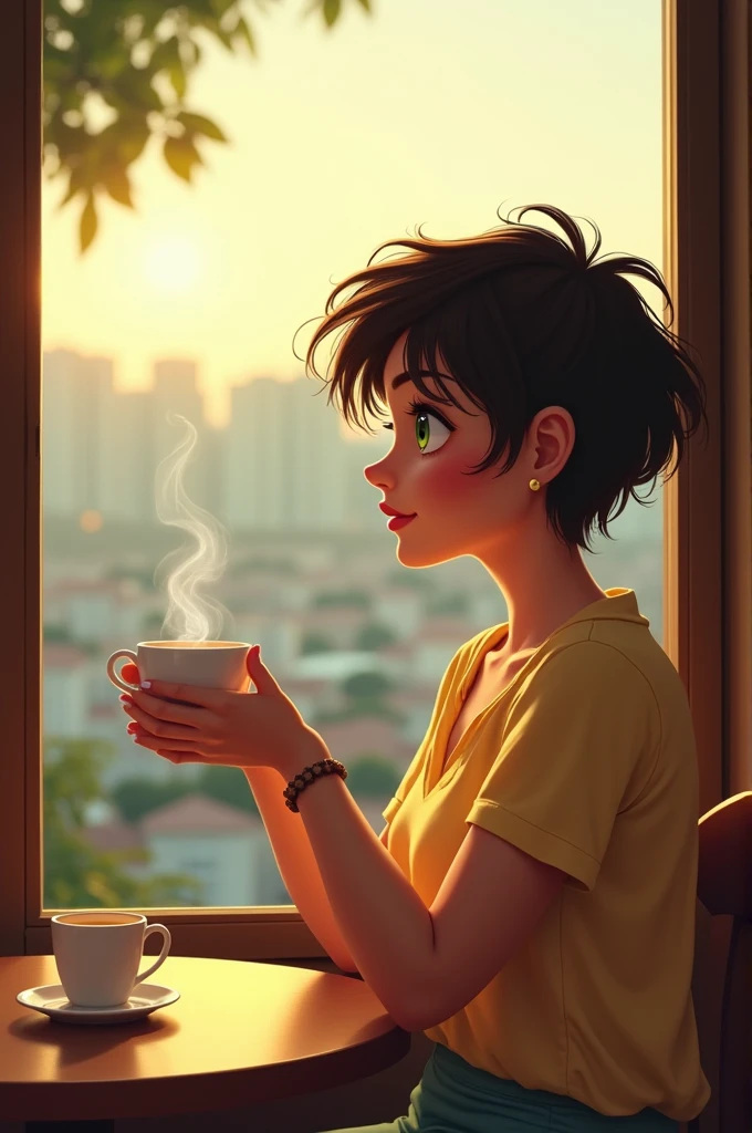 Brazilian woman, chubby, white, greeneyes, short hair, drinking coffee and looking at the view through the window of a cafe 