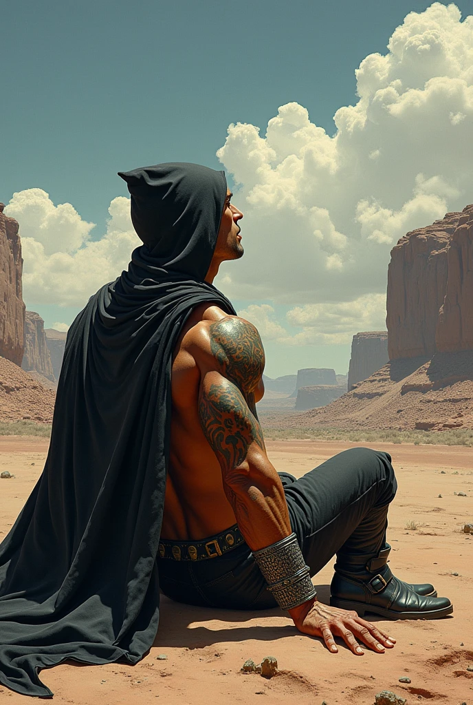 Full-body image (from behind) of a muscular, tattooed American Indian man, with a black hood and a large black cape covering his back. He has no shirt and wears a loincloth, loose black pants, high black boots and large metal bracelets on both wrists. He's on his back, set in the Arizona desert, looking up at the sky. Frazetta art style.