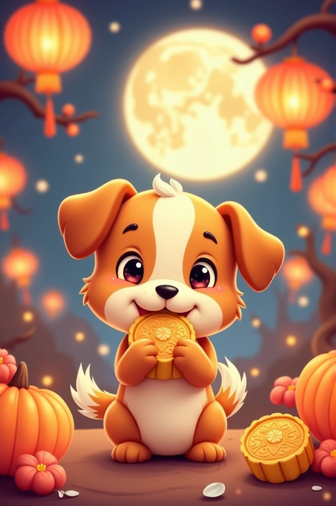 3. A small cartoon dog with a friendly expression, munching on a mooncake under the moonlight, surrounded by festive lanterns, celebrating Mid-Autumn Festival.