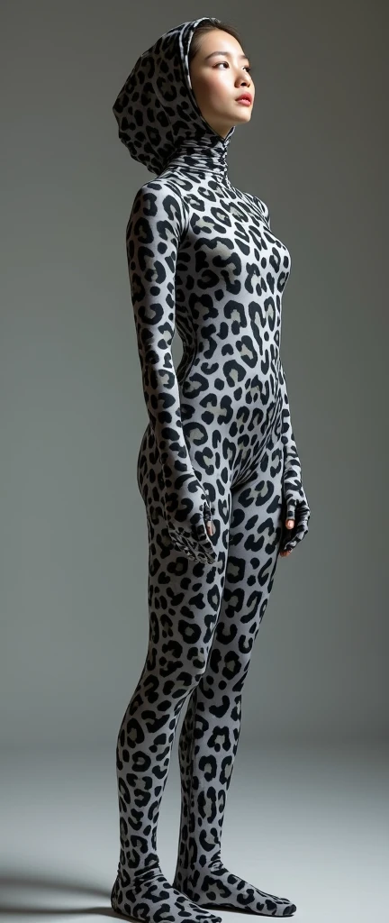 the beautiful and thest Chinese adult girl with beautiful cheeks wears grey leopard print lycra footed turtleneck unitard catsuit covered with black leopard patterns.She always wear grey leopard print lycra elastane stretchy dancewear hijab-like zentai hood.She is take part for contortion.She is my beautiful contortionist in the world.