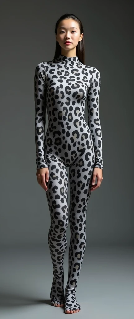 the beautiful and thest Chinese adult girl with beautiful cheeks wears grey leopard print lycra footed turtleneck unitard catsuit covered with black leopard patterns.She always wear grey leopard print lycra elastane stretchy dancewear hijab-like zentai hood.She is take part for contortion.She is my beautiful contortionist in the world.