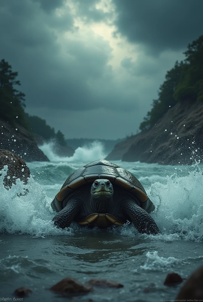 Dark clouds gather over the river as the water becomes rougher. The turtle is being pushed back by a wave, but it steadies itself and continues to move forward with determination.