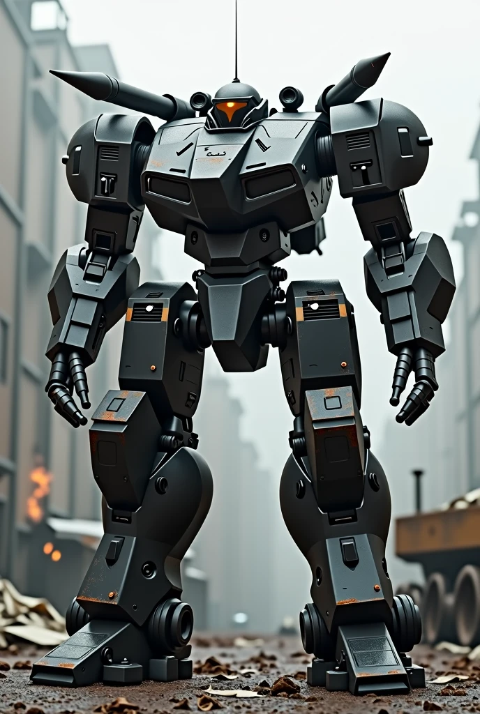 I want you to create a robust robot in the armored core and front mission style.. He has an antenna in the middle of the top of his head.. He has two rotating miniguns on each of his arms and rocket launchers on his shoulders.. I want a realistic version in black color
