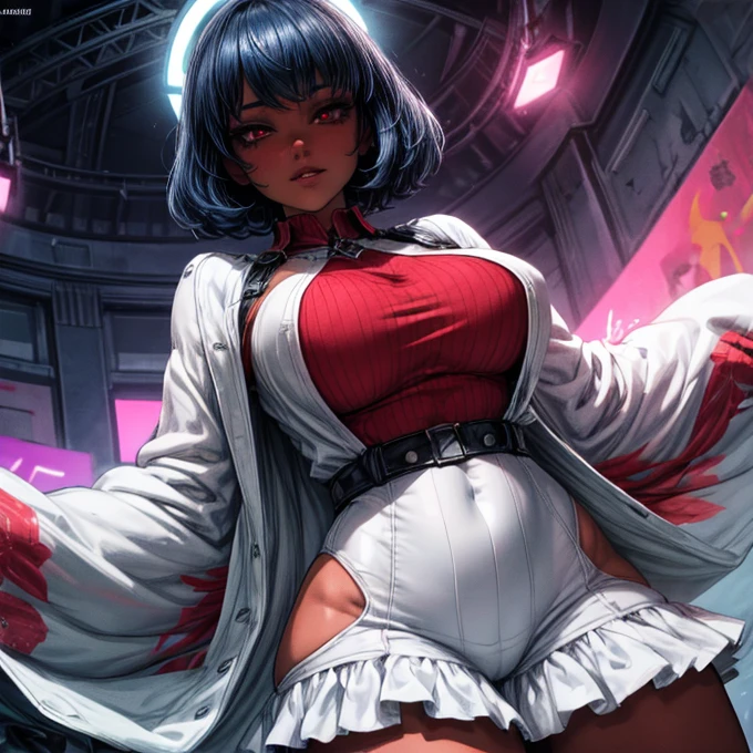 (dark fairytale, grim futuristic wonderland, black woman, blue hair, layered short hair),
Red and white pinstripe overalls skirt, red eyes, impossibly sexy, wide curvy hips, busty booty, blood splattered face, fanged smile, singing on a stage, gentleman club background, surrounded by unconscious bloody bodies, fabric details, vector art, marker (medium), graffiti style art, Splash-art, falcoon, sam yang, visual novel CG, Murakami_Teruaki, mori_toshimichi, ishiwatari_daisuke, BENGUS}, air gear style cover, Score_8_up, fully rendered, ultra-detailed manga, Photorealistic, best quality, Hdr,uhd, ultra absurdres, very aesthetic, sharp gradients, deep highlights, deep exposure, detailed smooth textures, (sexy posing), (perfect hands, perfect character, perfect eyes, perfect anatomy, perfect physiques, amazing skin, beautiful detailed eyes) (dynamic perspective, dynamic lighting, dynamic shading, atmospheric shadowing, mystical atmosphere, sense of depth(