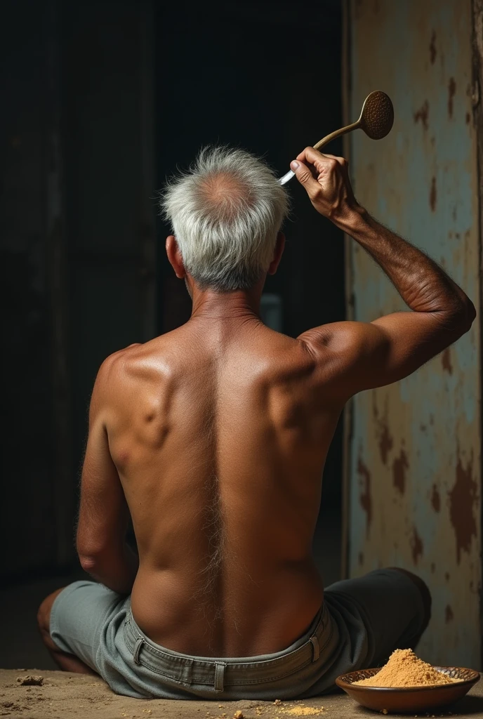 elderly Brazilian man on the back with a spoon in his hand massaging his spine with the spoon and a strange portion next to it