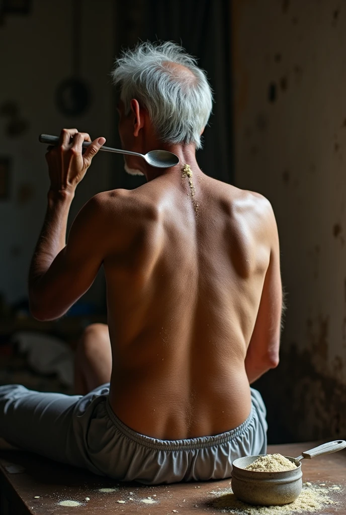 elderly Brazilian man on the back with a spoon in his hand massaging his spine with the spoon and a strange portion next to it