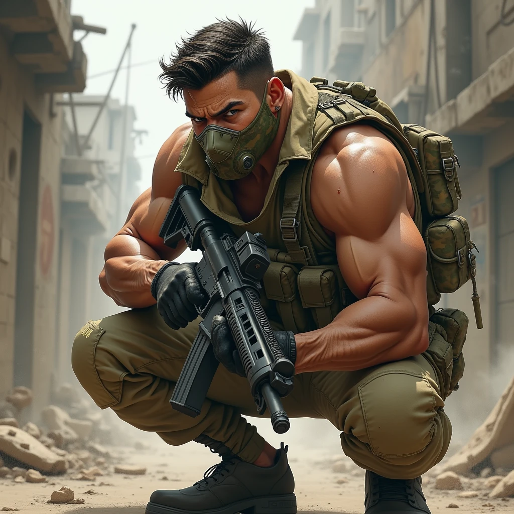 anime art, a 20 year old angry male, wearing militar mask, beige militar clothes, squatting down, holding gun, sweaty, big bulge