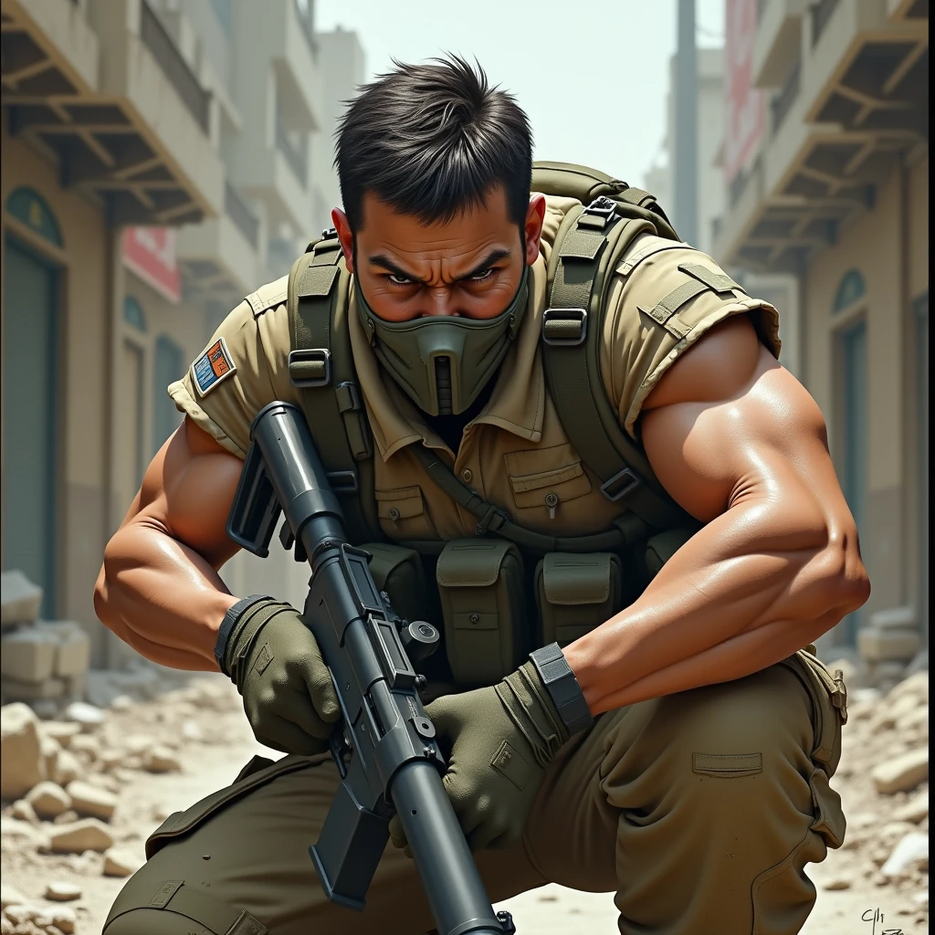 anime art, a 20 year old angry male, wearing militar mask, beige militar clothes, squatting down, holding gun, sweaty, big bulge