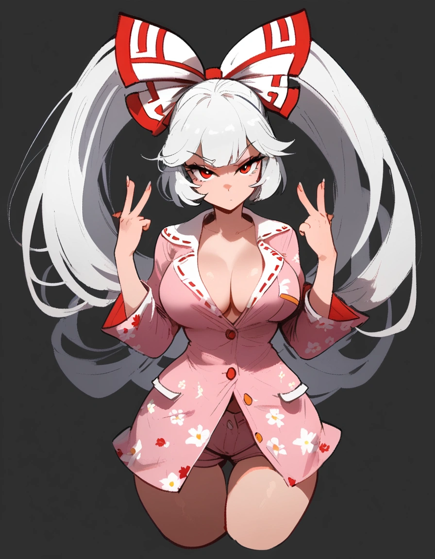 1girl, fujiwara no mokou, touhou

 \\\\\ masterpiece, best quality, newest,  , ///// by nyantcha, , by khyle, cutesexyrobutts \\\\\ ,, thin waist, highres, absurdes. looking at viewer, solo, anger, spoken anger vein, pink pajamas, unbuttoned, , solo,, grey background, cropped legs,  flower print, double middle finger, big tits, , simple background,  red eyes and ankle-length white hair
