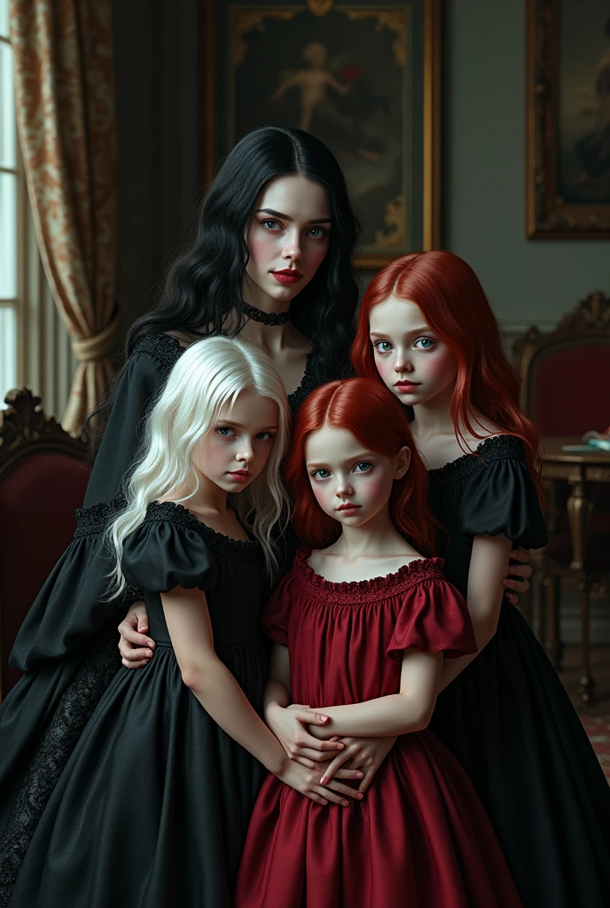 Depict a family of 18th century vampires containing 5 people with the following characteristics in the image:
1) extremely beautiful mother with long black hair;
2) two little red-haired girls 3) a little white-haired girl 4) a little one with black hair