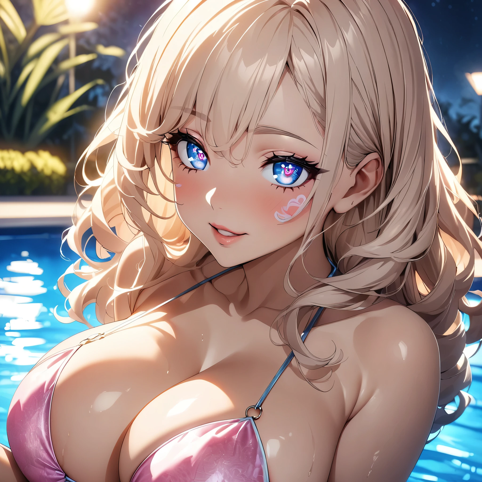 Beauty, sexy, Female Curves, Flaxen Hair, Large Breasts, Detailed Hair, Detailed facial features, Perfect Face, Beautiful detailed eyes, Bright Eyes, Beautiful detailed lips, Very detailedな目と顔, Long eyelashes, Elegant pose, Joyful atmosphere, erotic, Enchanted look:1.2, Mouth slightly open, ((Pastel Bikini)), Night Pool, Pool Party Background, (Highest quality:1.2, Very detailed, anime, Attention to detail, Ultra-high resolution, High Contrast, masterpiece:1.2, Highest quality, Best aesthetics), Cinematic写真, Soft Focus, Complex background, Cinematic, Backlight, Film Grain,